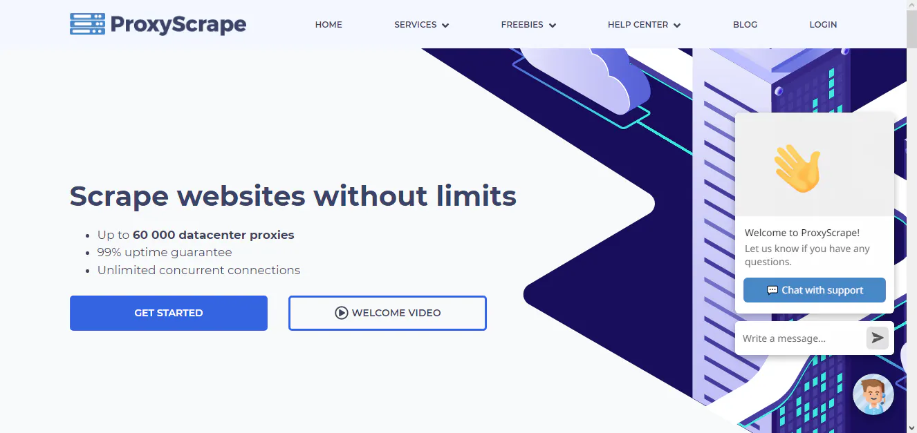 ProxyScrape homepage promoting datacenter proxies for scraping websites, with Get started and welcome video buttons