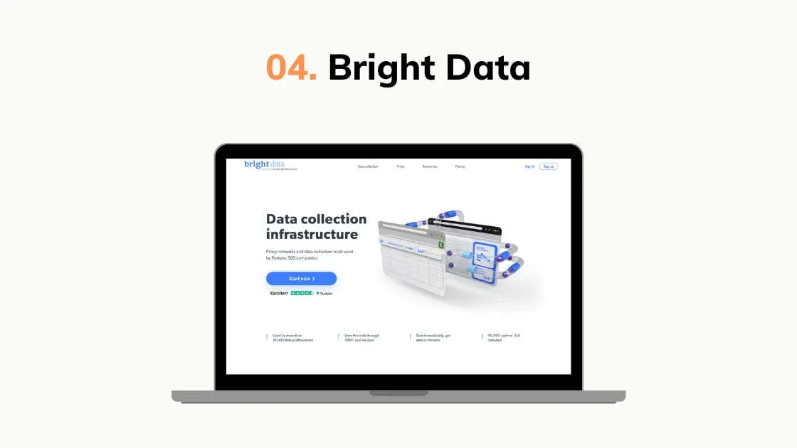 Slide graphic labeled Bright Data with a laptop showing a data collection infrastructure page