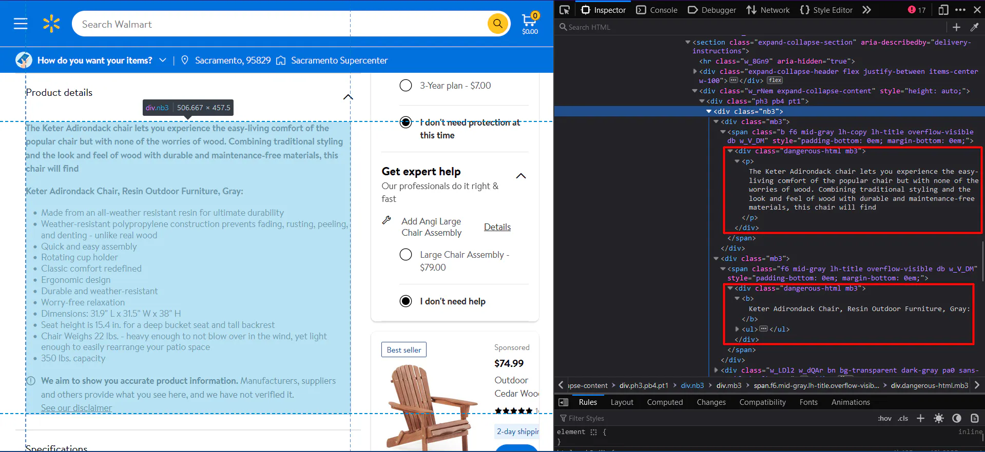 Walmart product details section highlighted, with browser inspector showing the HTML for the description and bullet list content
