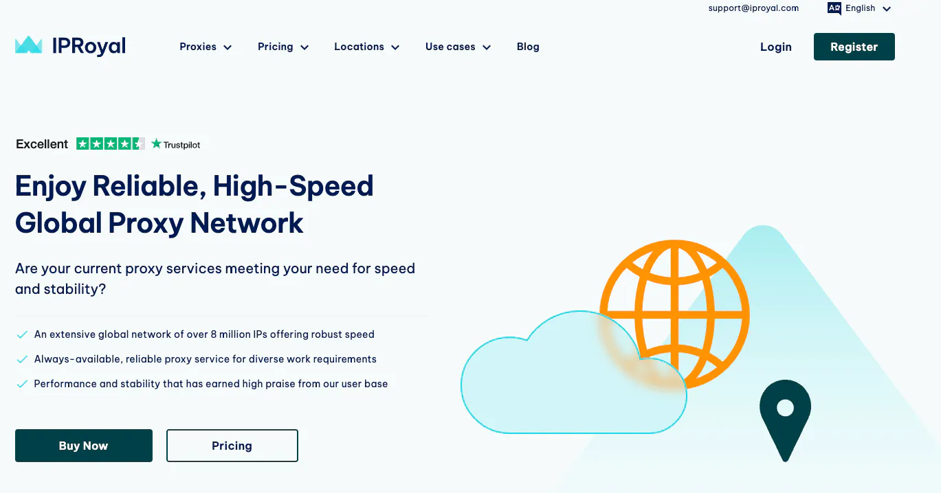 IPRoyal landing page screenshot describing a reliable high-speed global proxy network