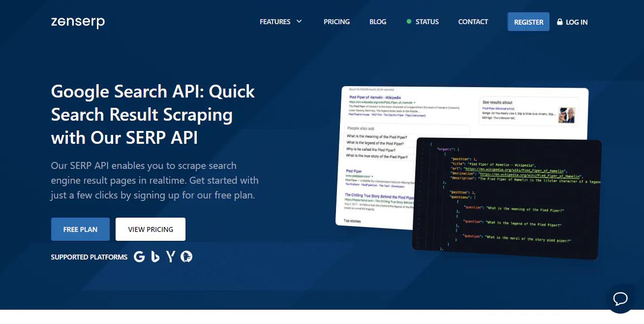 Zenserp SERP API landing page showing a Google results preview and a JSON response snippet