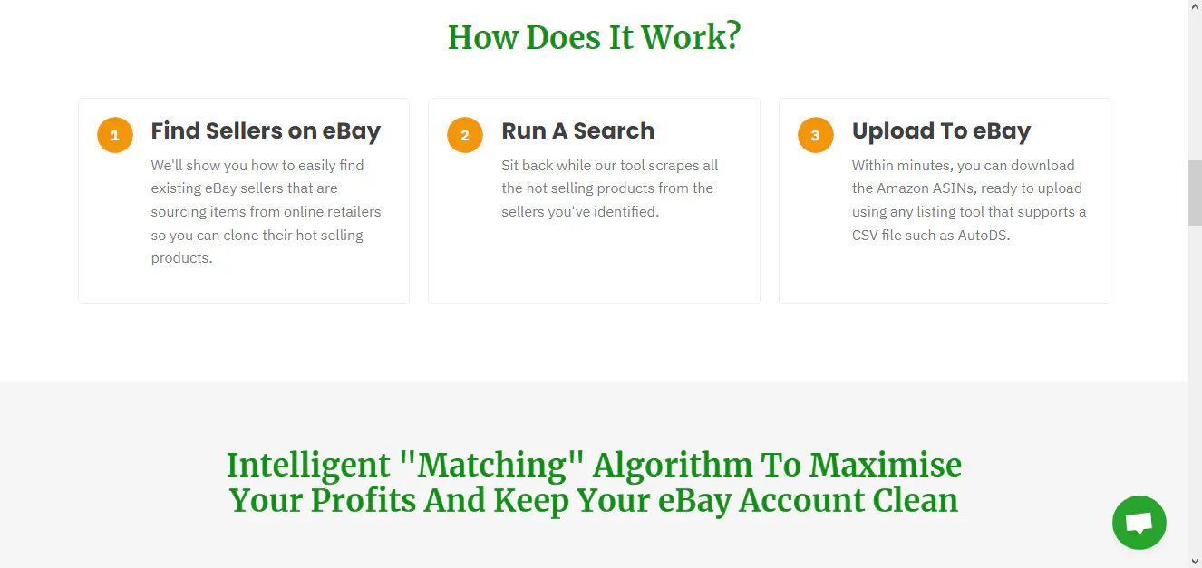 Step-by-step section showing how ProfitScraper works: find sellers, run a search, upload to eBay