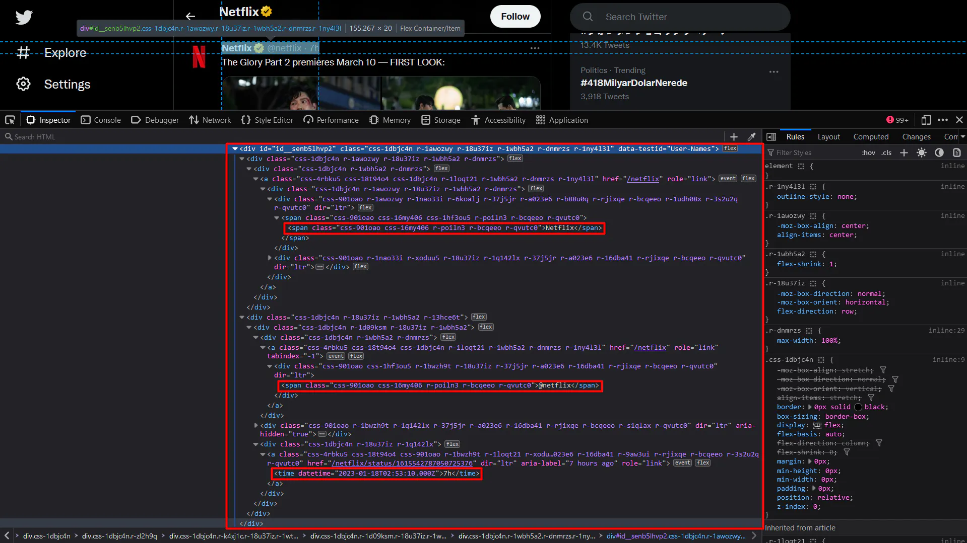 Twitter tweet header with browser devtools highlighting the HTML for the author name and timestamp
