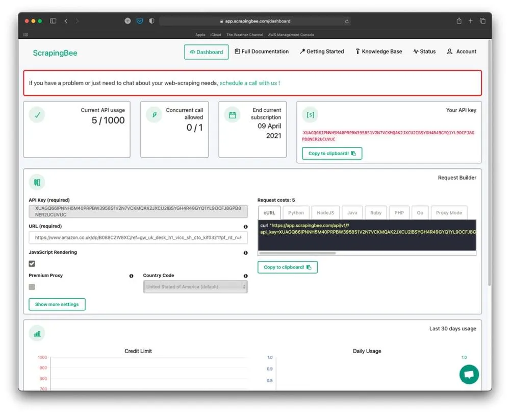 ScrapingBee dashboard showing API usage cards and a request builder with a curl example