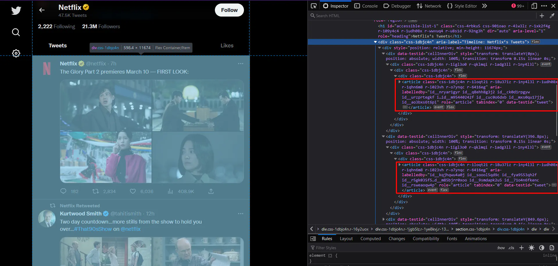 Twitter timeline with browser devtools highlighting the HTML for tweet articles in the feed