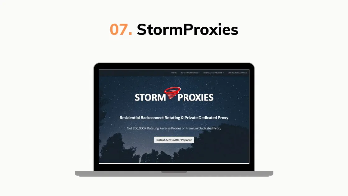Slide graphic labeled StormProxies with a laptop showing a residential proxy service landing page