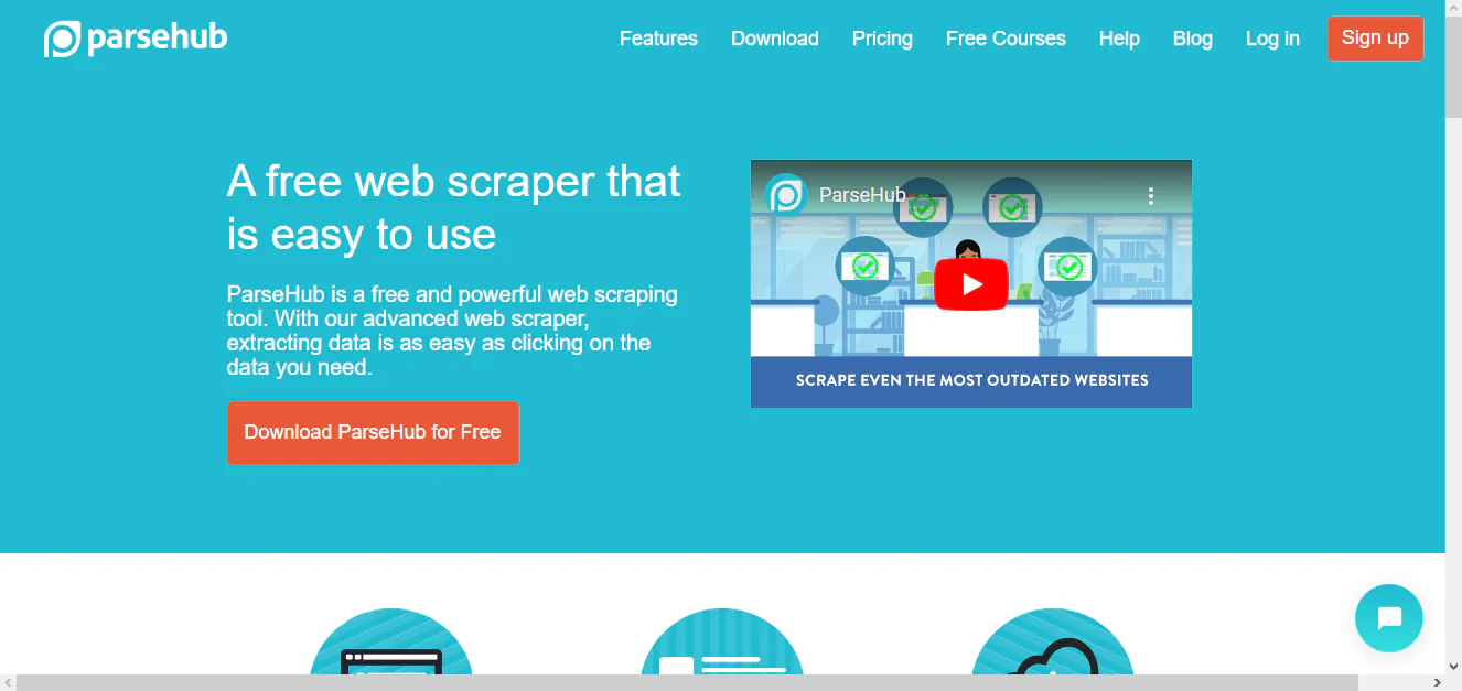 ParseHub landing page screenshot promoting a free web scraping tool with a video preview