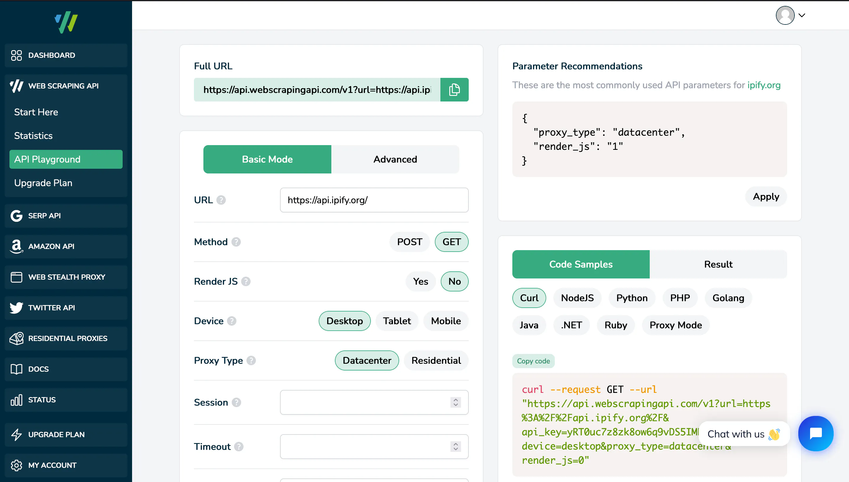 WebScrapingAPI API Playground form showing URL input, request options (GET/POST, render JS, device, proxy type) and a curl code sample