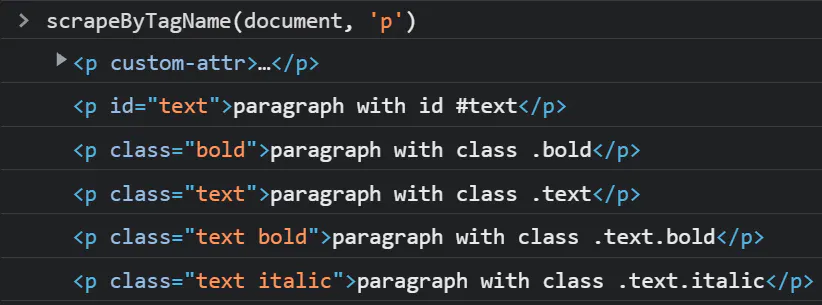 Code snippet showing HTML <p> elements with id and class attributes under a function call scrapeByTagName(document, 'p')