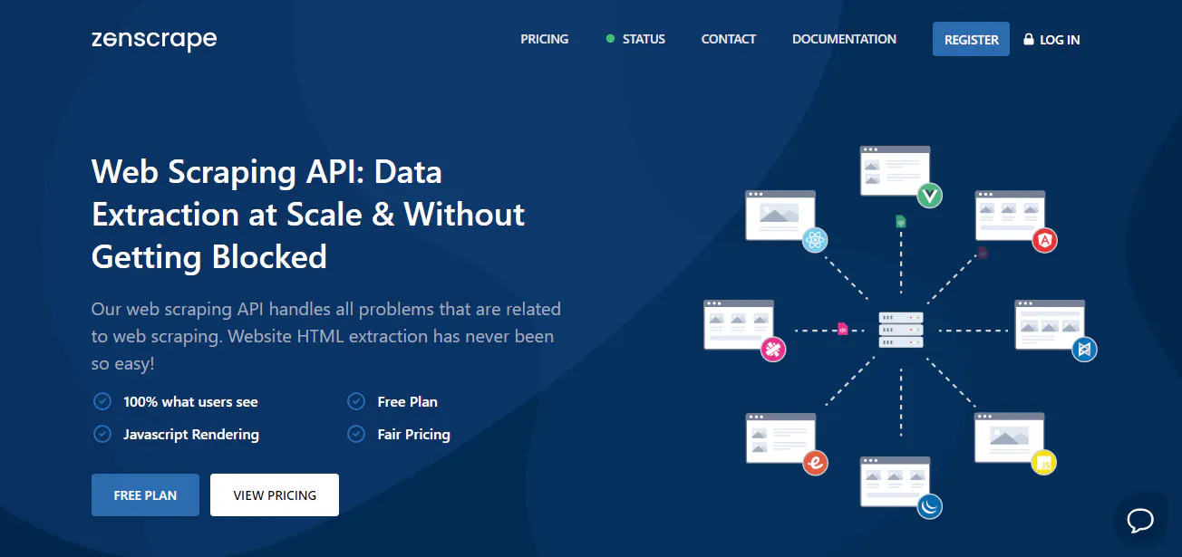 Zenscrape landing page screenshot describing a web scraping API for data extraction without getting blocked