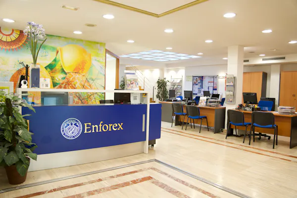 Área de recepção de uma escola Enforex com balcão de informações e ambiente acolhedor de serviços estudantis