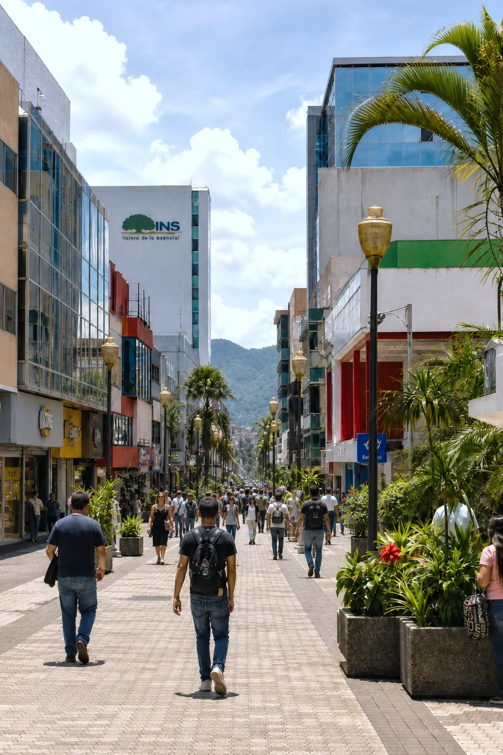 商店やヤシの木、近代的な建物の間を歩く人々のいる歩行者天国