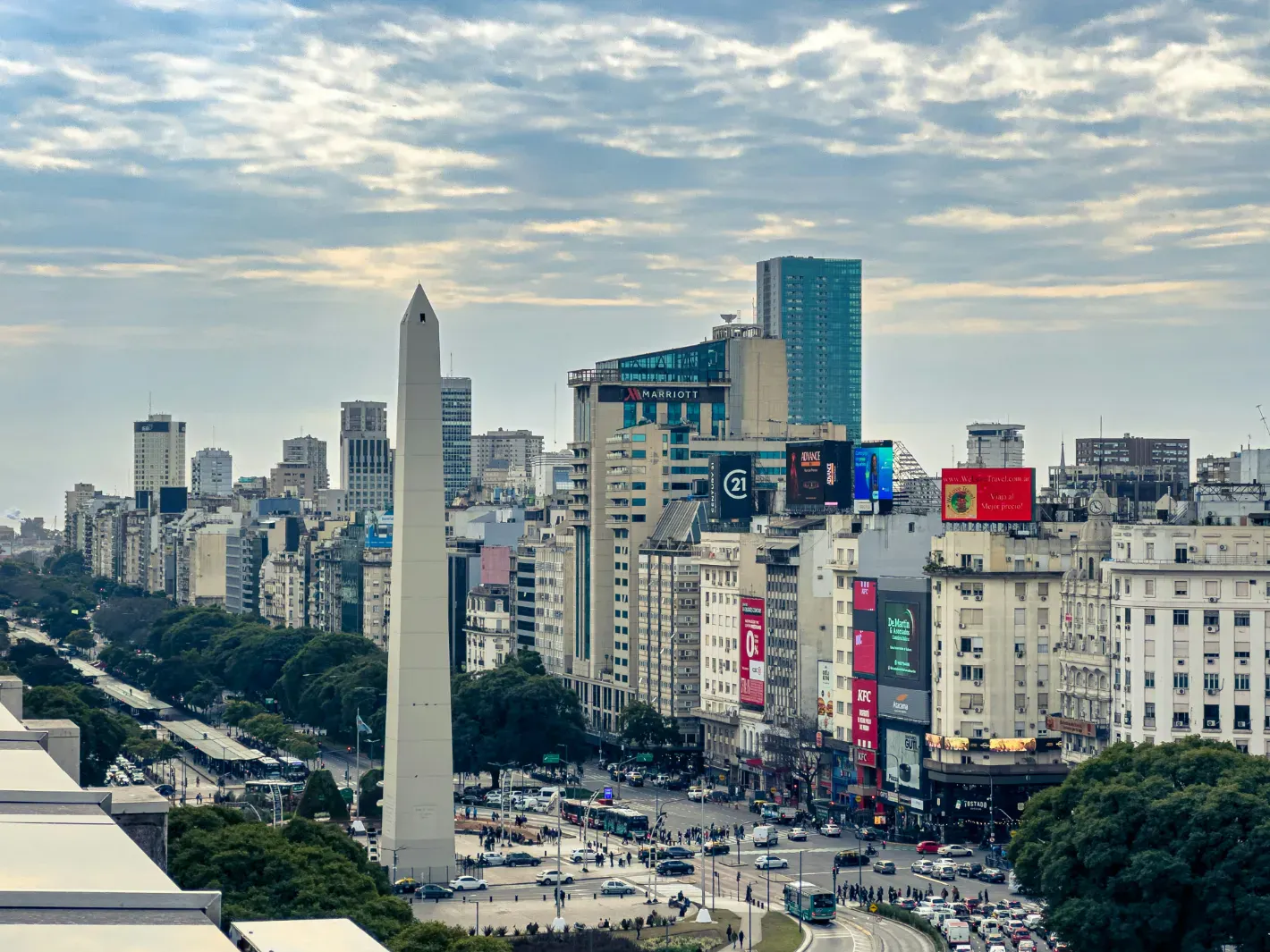 Urban view of Buenos Aires with the Obelisk and wide avenues surrounded by buildings