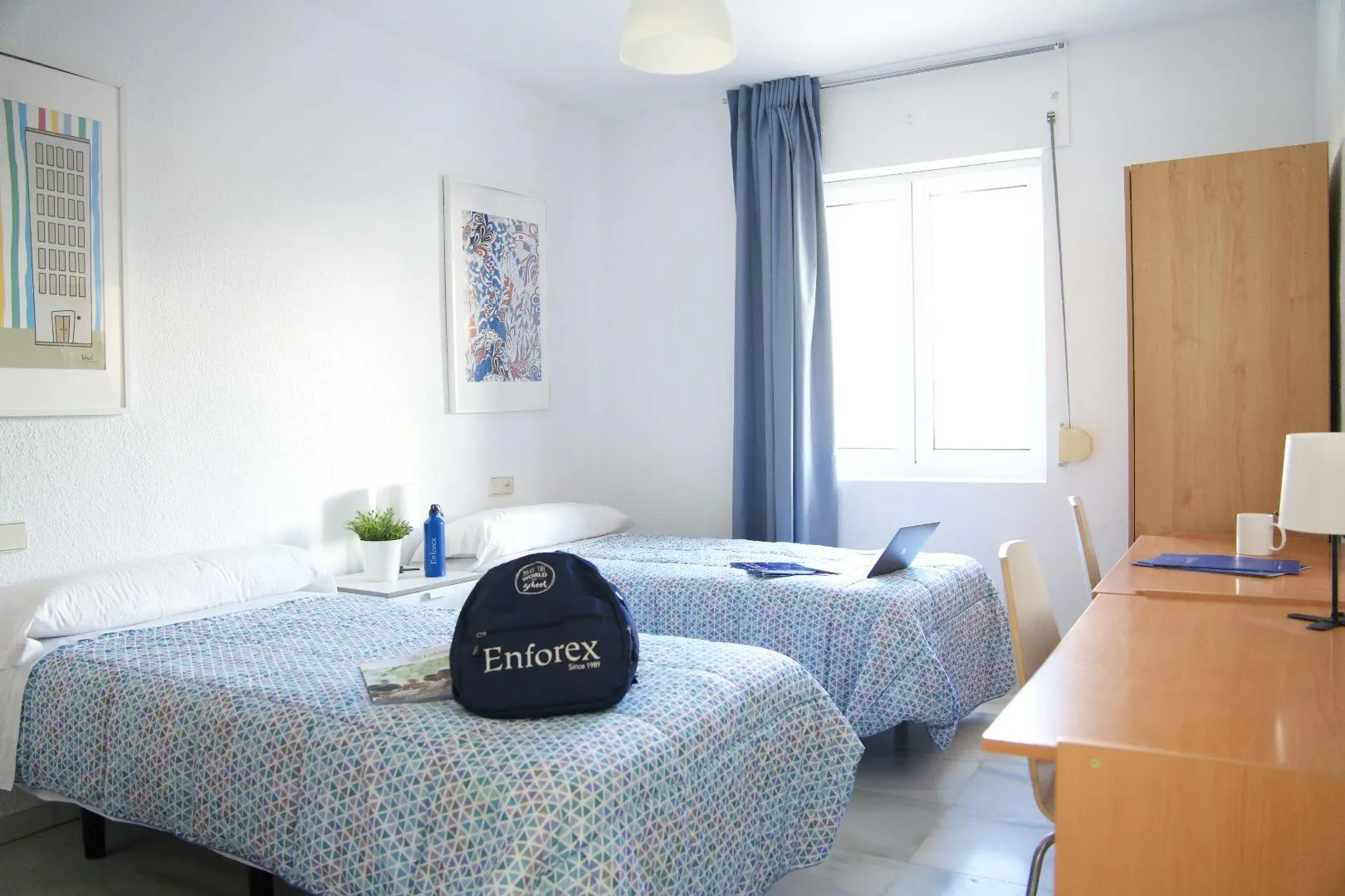 Camera condivisa per studenti con due letti singoli e una scrivania in una moderna residenza.