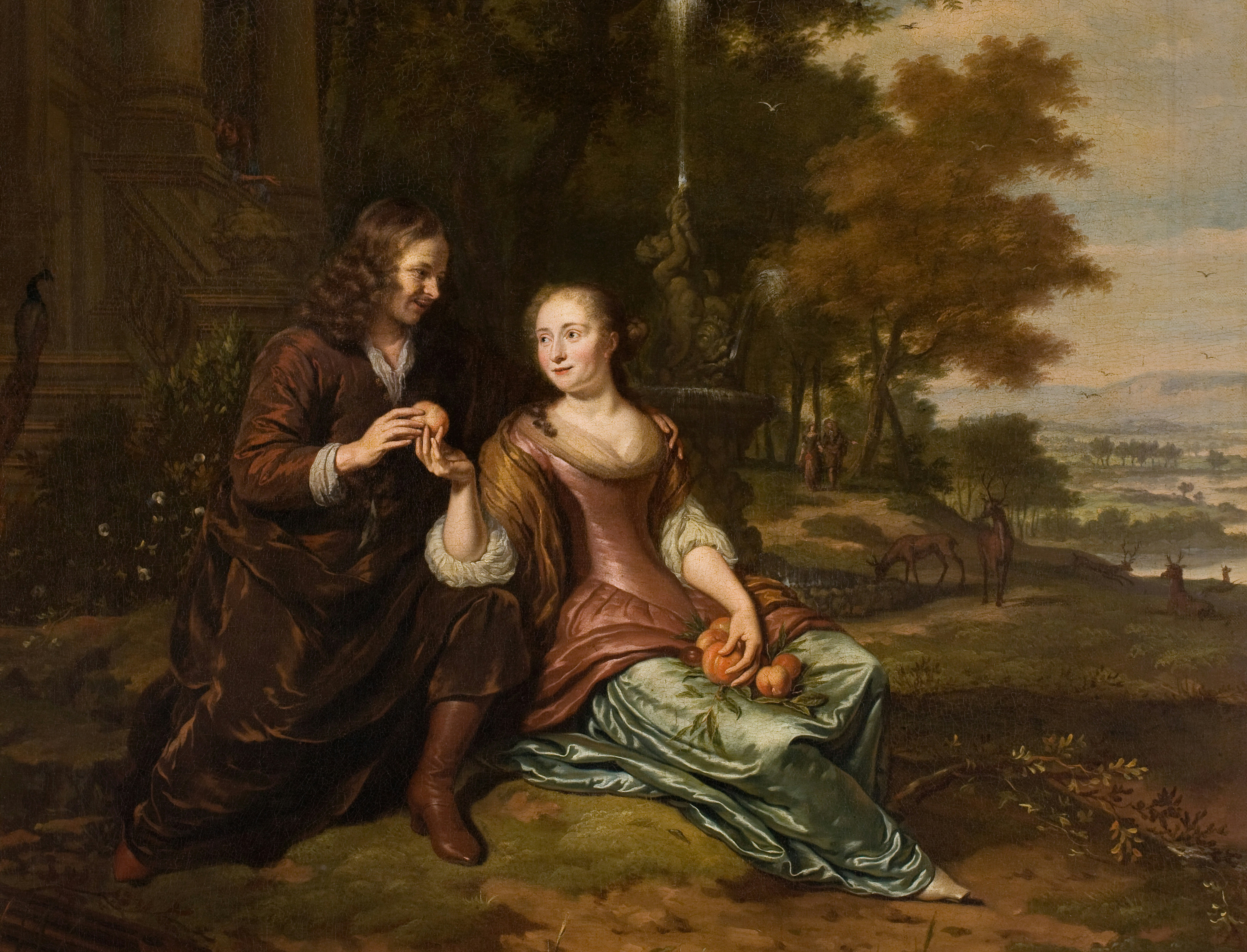 a painting of a man and woman in a wooded area