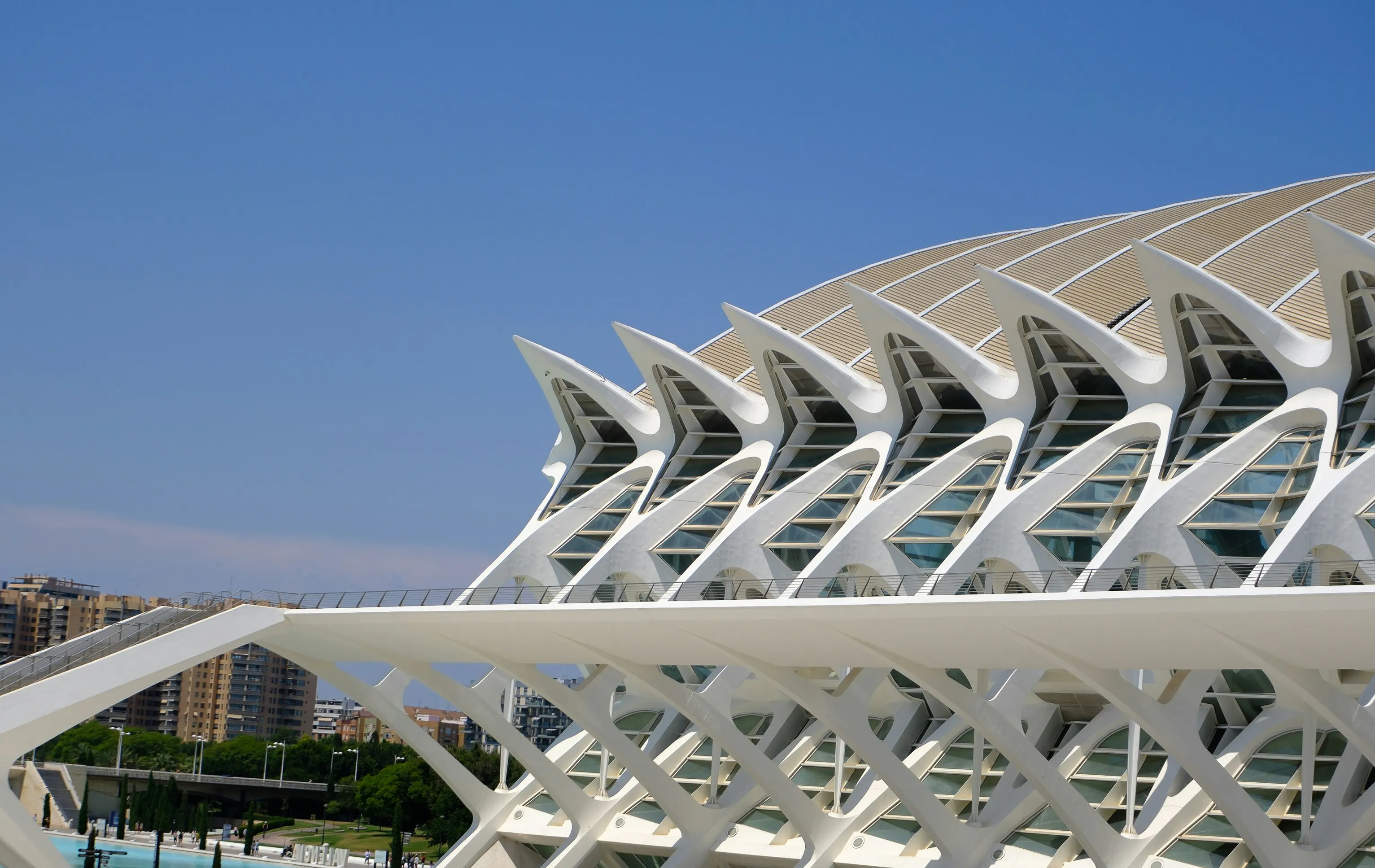 Modern architecture building with a clear blue sky.