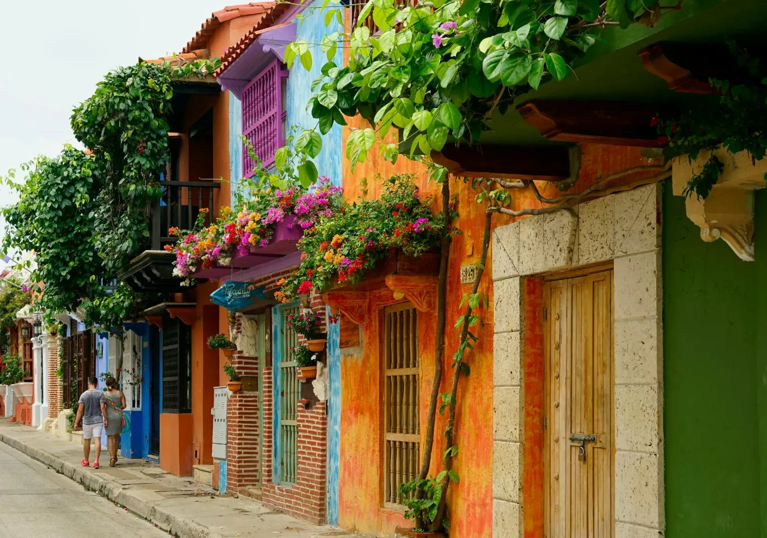 Strada storica con facciate colorate, balconi e rigogliosa vegetazione tropicale