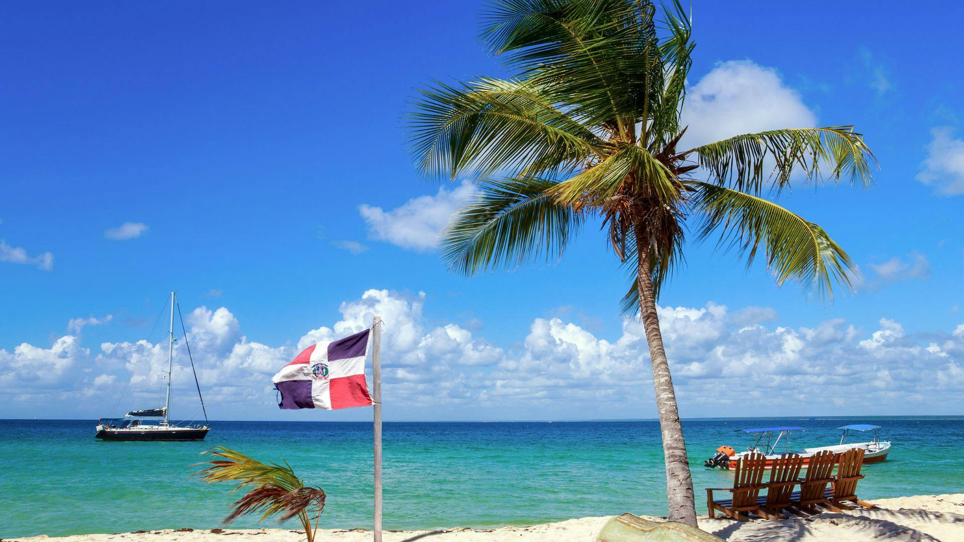 Spiaggia della Repubblica Dominicana con bandiera nazionale, palme e mare turchese