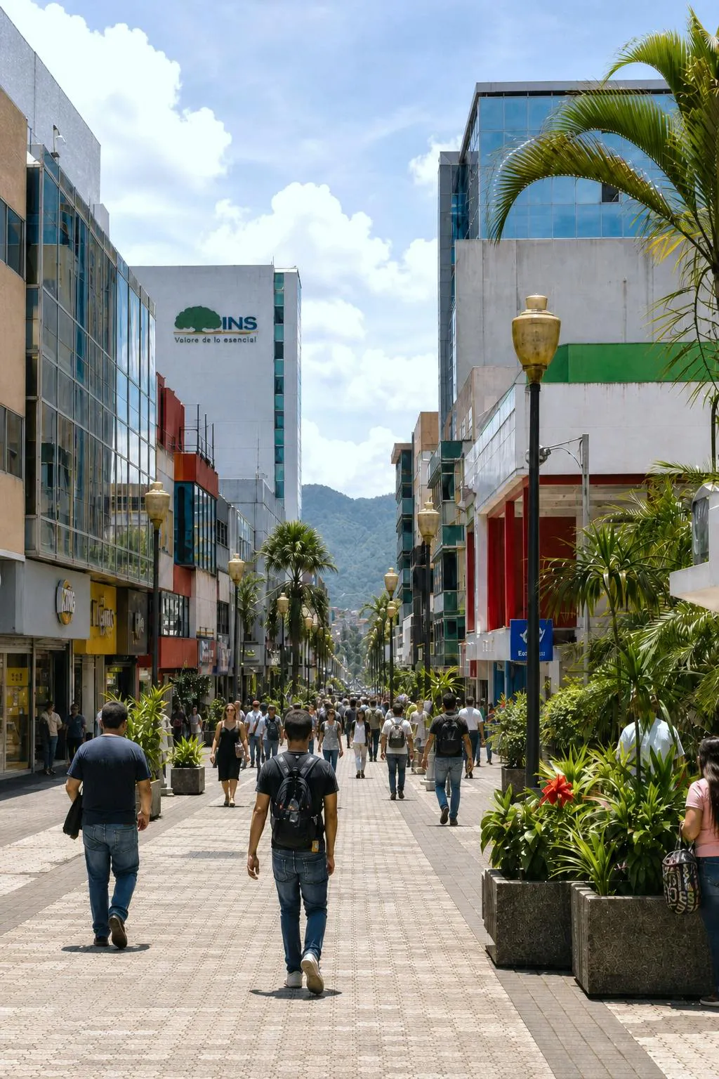 Via pedonale con persone che passeggiano tra negozi, palme ed edifici moderni