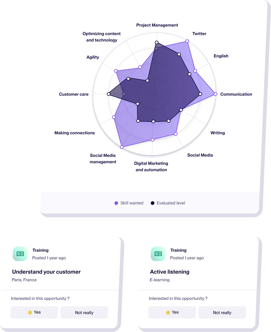 365Talents platform product screenshot showing new training suggestions based on skills gaps