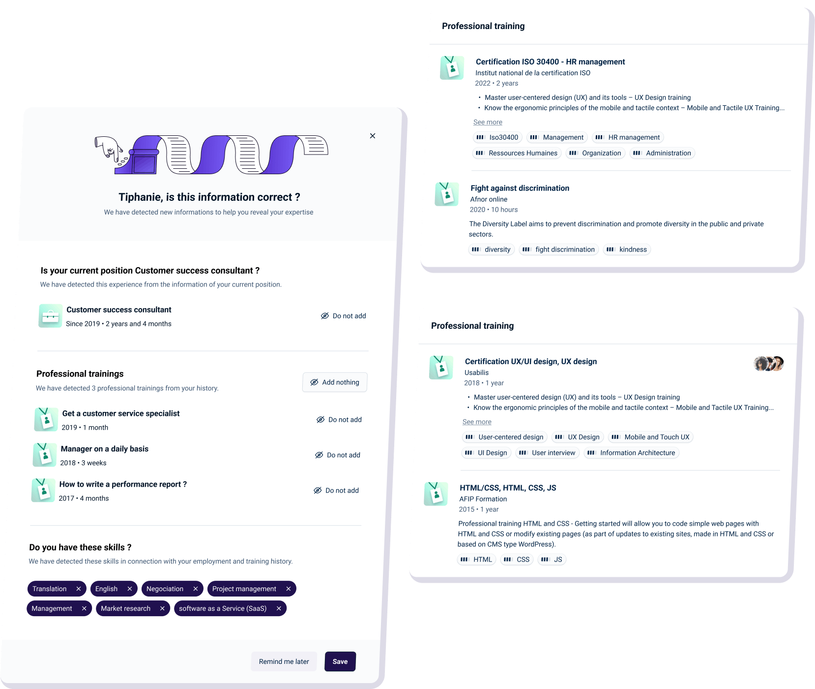 365Talents platform product screenshot showing employee suggestions