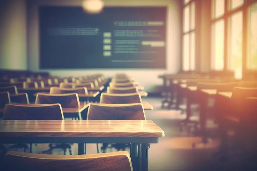 Sala de aula com mesas e cadeiras de madeira em primeiro plano, iluminação quente do sol e um monitor de computador ao fundo, ambiente escolar moderno e acolhedor.