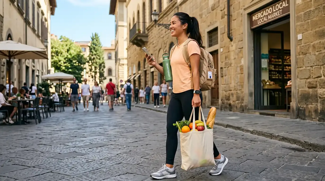 Mulher caminhando em uma rua turística de pedra com mochila, segurando celular e uma sacola de compras com frutas como laranjas e maçãs em frente a uma loja local.