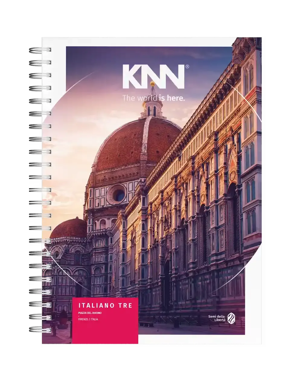 Capa de caderno KNN com imagem da Basílica de Santa Maria del Fiore (Duomo de Florença) ao fundo, com texto “ITALIANO TRE” e informações sobre o idioma italiano.