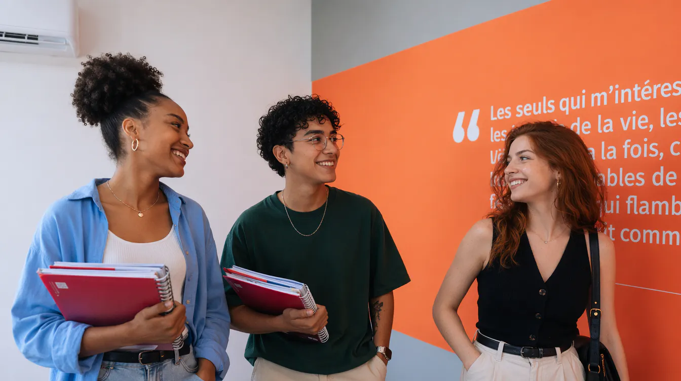 Três alunos em pé conversando, dois estão com livros da KNN na mão 