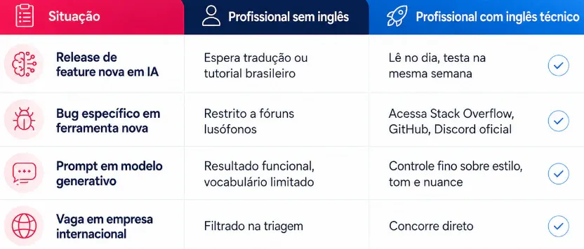 Quadro de seleção de critérios de contratação e produtividade com opções como “Release de feature nova em IA”, “Bug específico em ferramenta nova”, “Prompt em modelo generativo” e “Vaga em empresa internacional”.