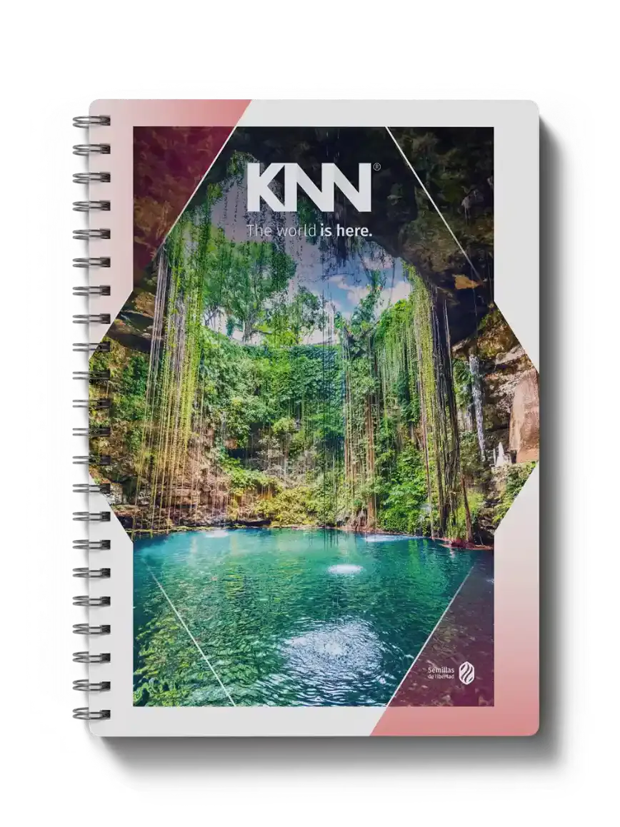 Capa de caderno KNN com imagem de uma paisagem de rio cercado por vegetação verde, logotipo KNN e texto “The world is here.”