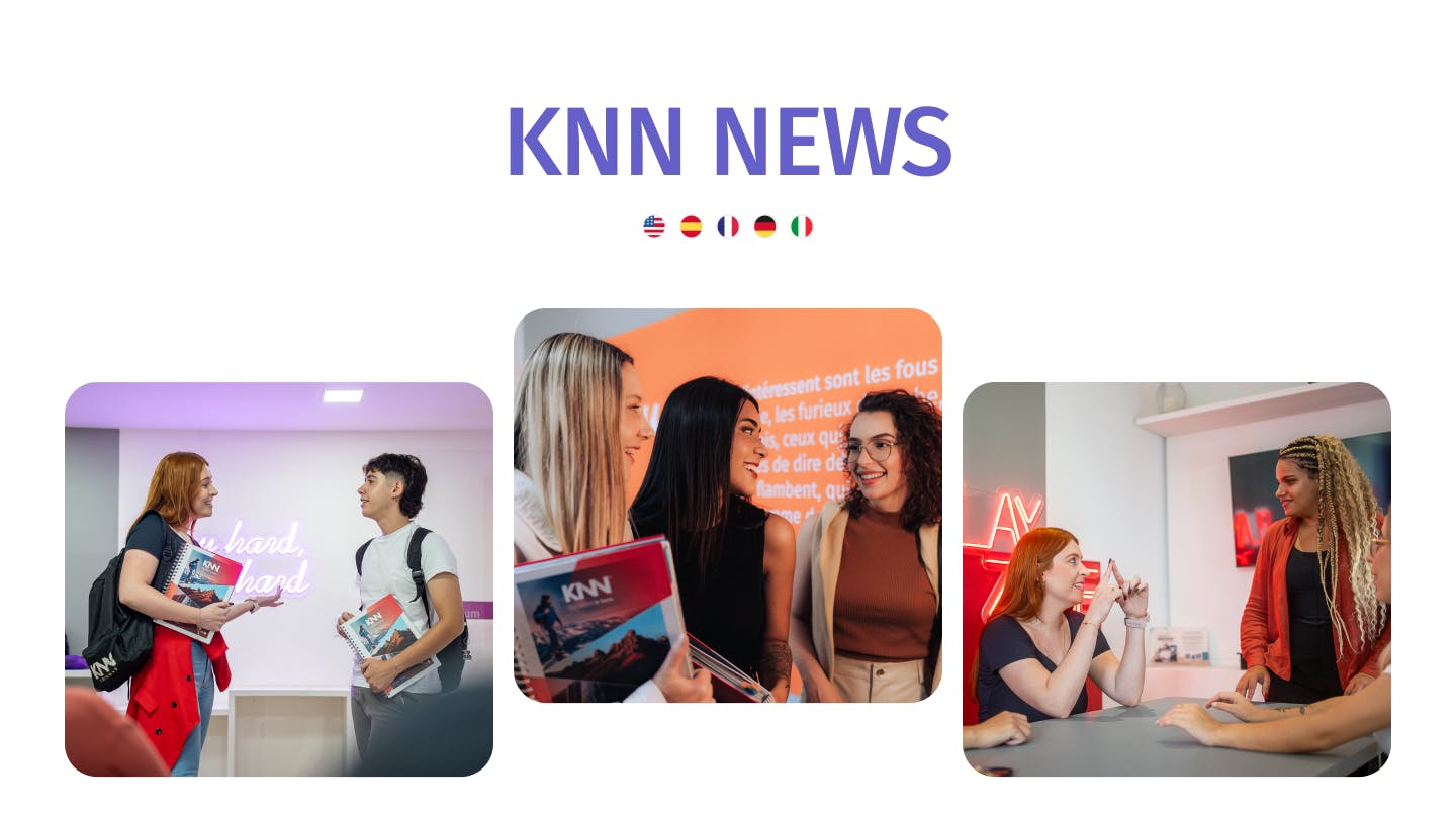 Arte da capa da KNN Newsletter do aluno, onde temos três fotos com alunos da KNN Idiomas de mochila nas costas e livros nas mãos.