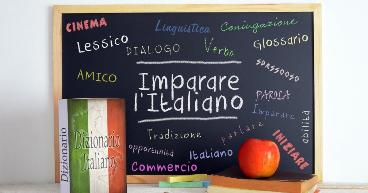 Lousa de aula de italiano com várias palavras do idioma escritas e um livro de italiano na frente.