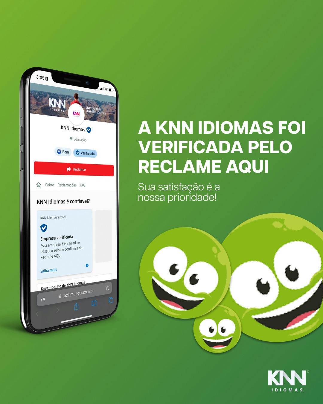 Arte com mockup da verificação da KNN Idiomas pelo Reclame Aqui.