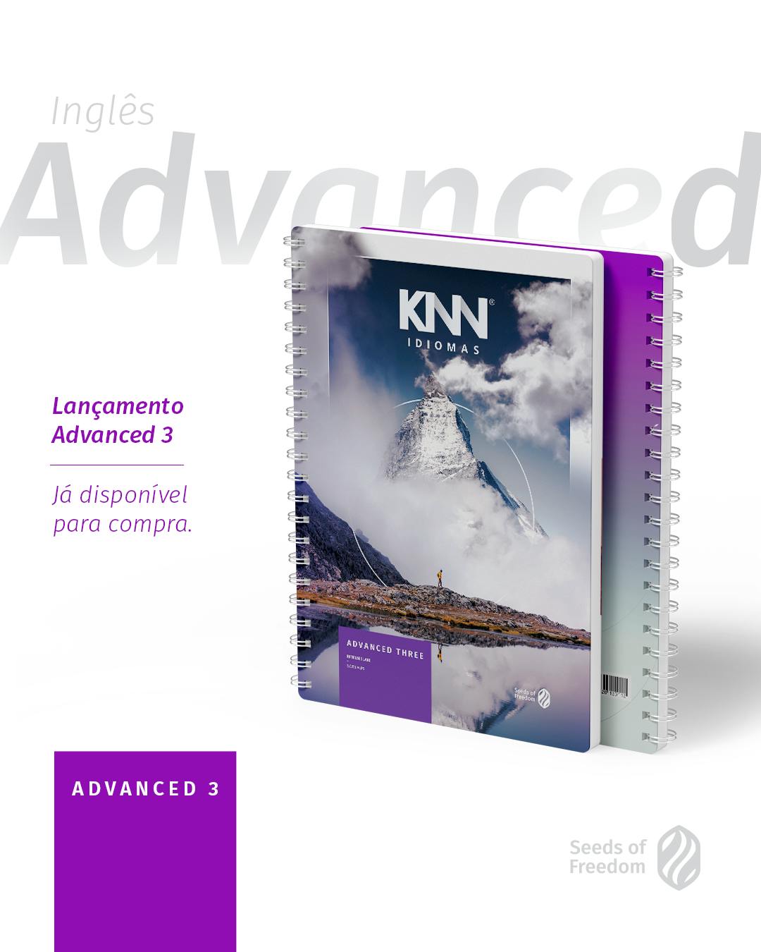 Capa do livro da KNN Idiomas "Advanced 3 Seeds", com mockup e arte.