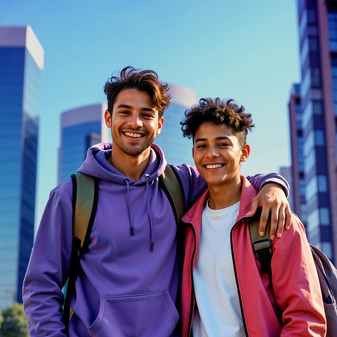 Dois homens sorrindo e se abraçando com mochilas nas costas.