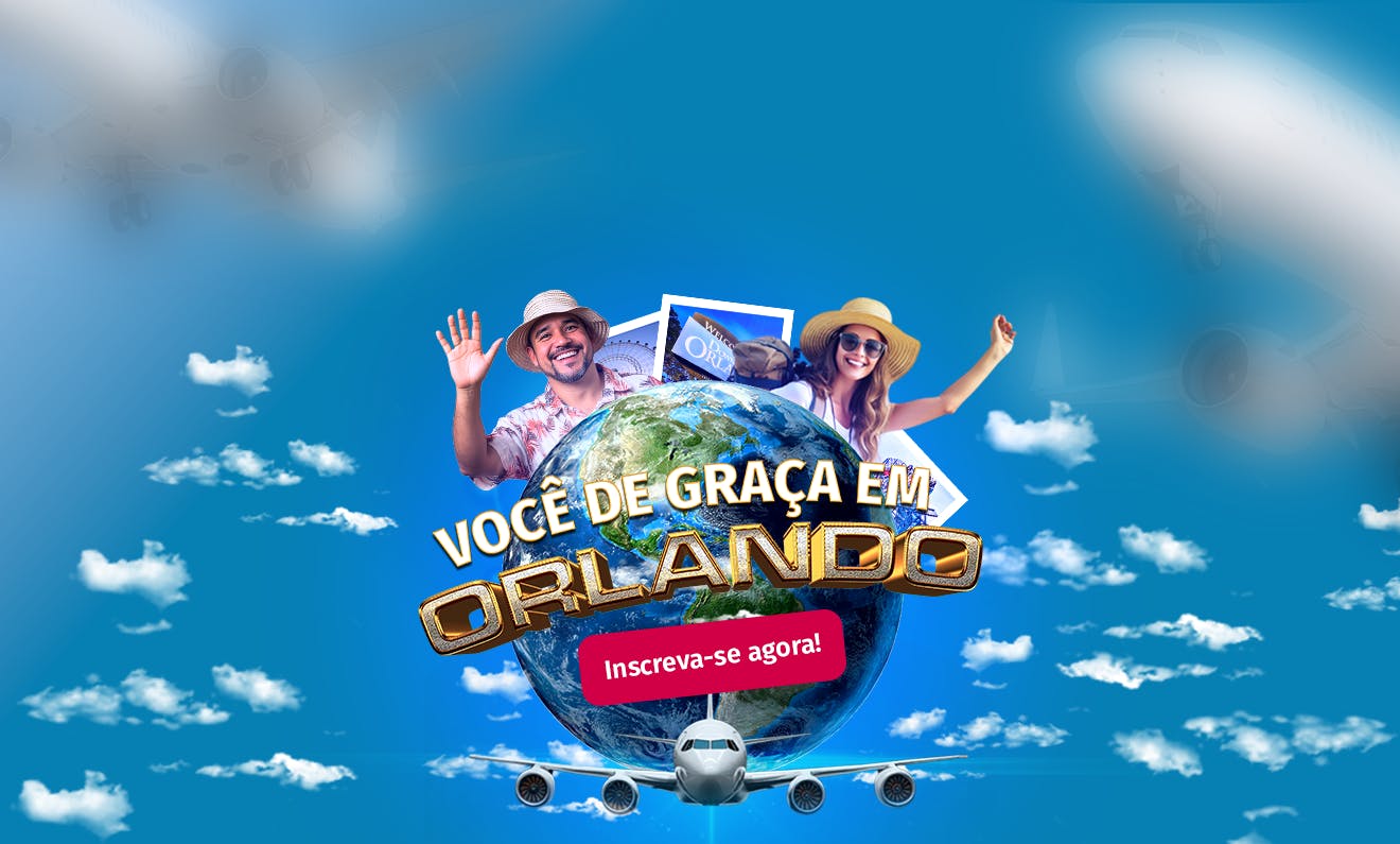 Logo da Campanha KNN Abre o Mundo, com o texto: "Você de graça em Orlando", "Inscreva-se já!"