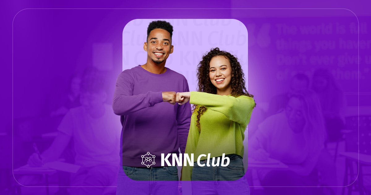 Arte do KNN Club com um homem e uma mulher sorrindo e se cumprimentando com o punho cerrado.