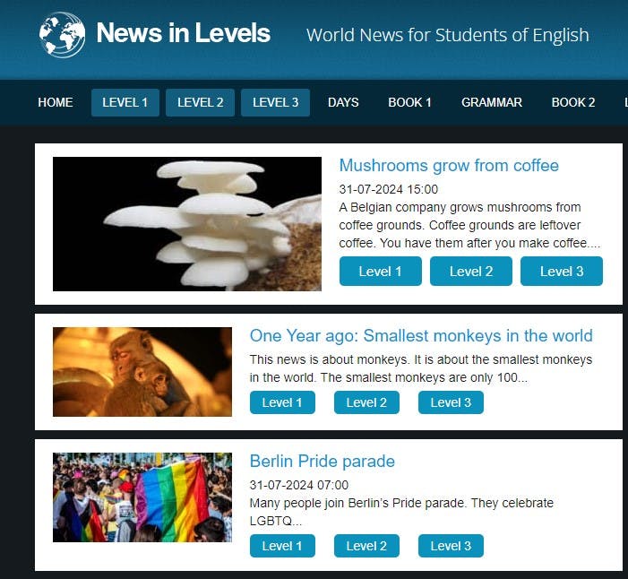 Capa do site "News In Levels".