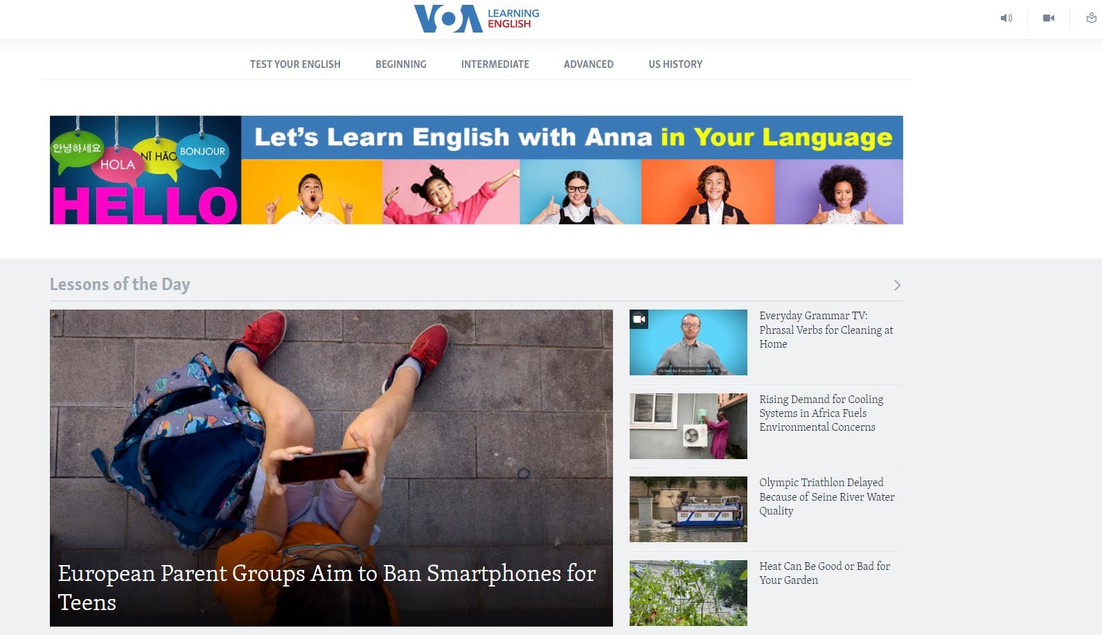 Capa do site "VOA Learning English".