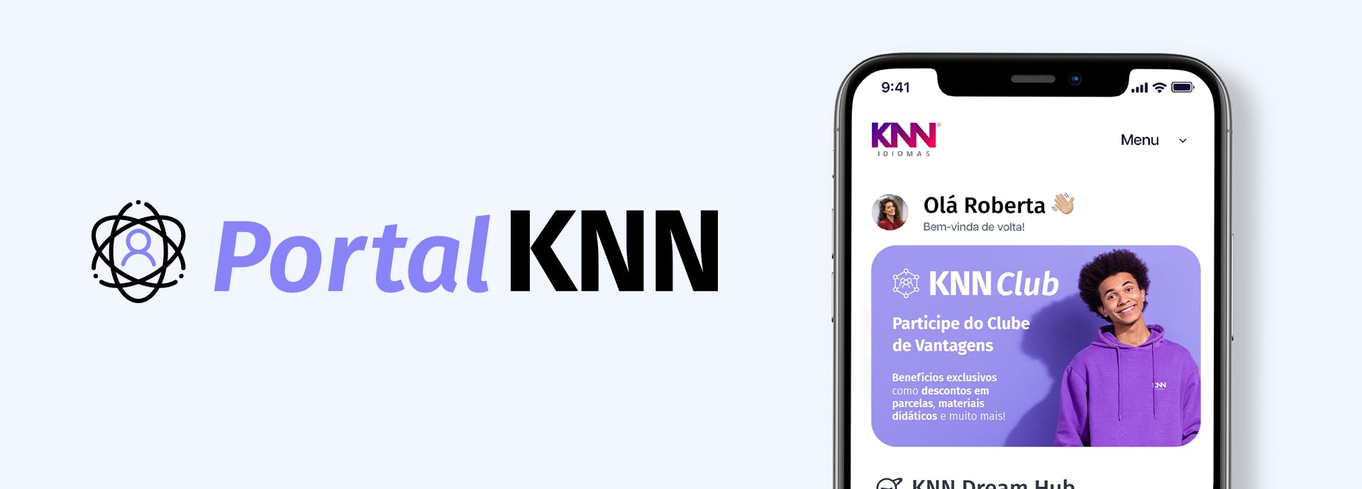 Logo do "Portal KNN" e mockup de celular com a tela inicial do app.