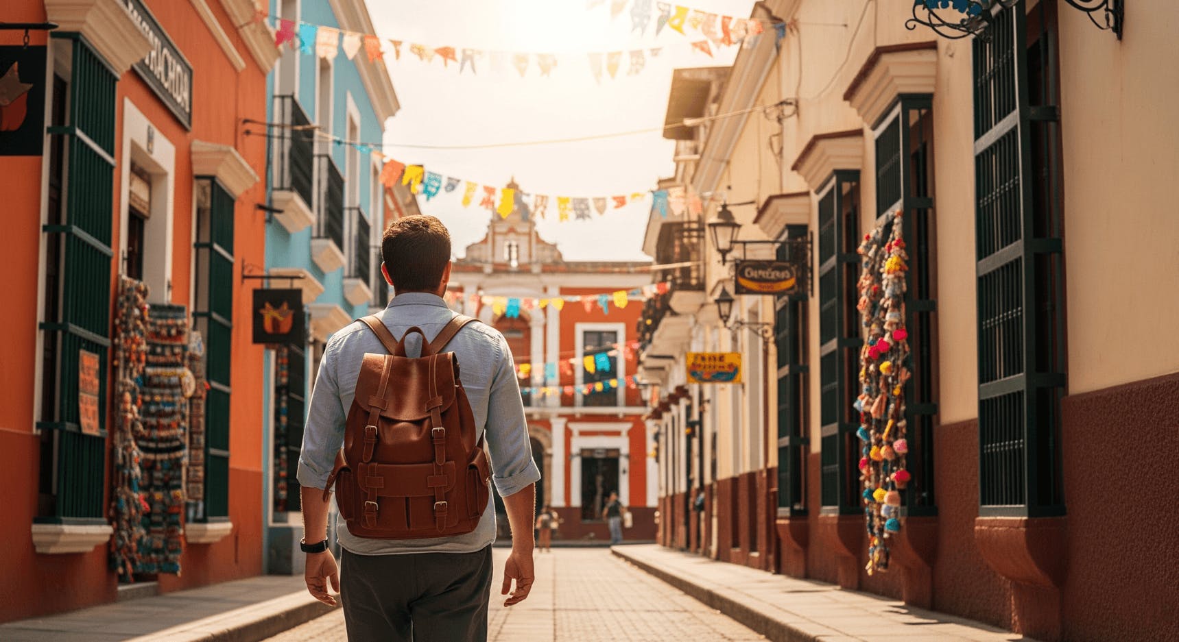 Homem de costas, com uma mochila marrom olhando para o alto.