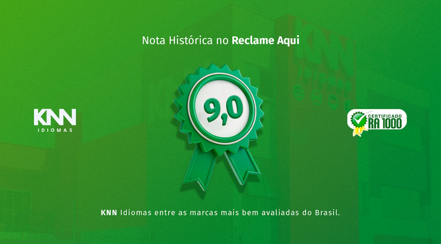 Capa de post da nova nota da KNN Idiomas no Reclame AQUI com o logo 9.0 no centro.