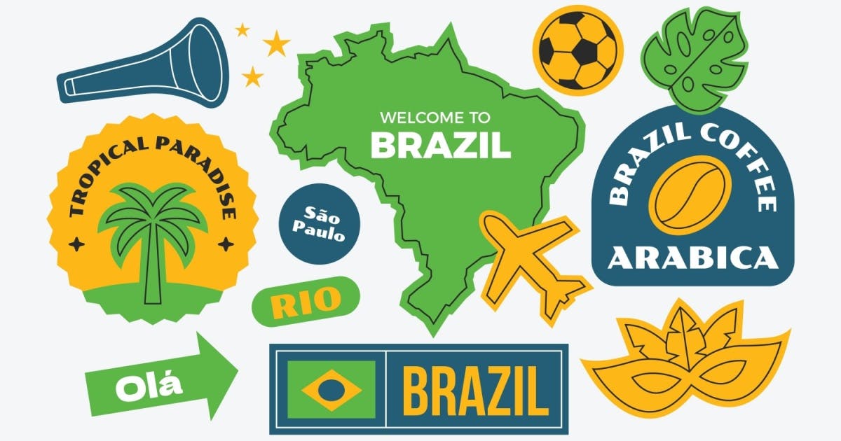 Imagem com a bandeira do "Brazil" e diversos símbolos da cultura brasileira.