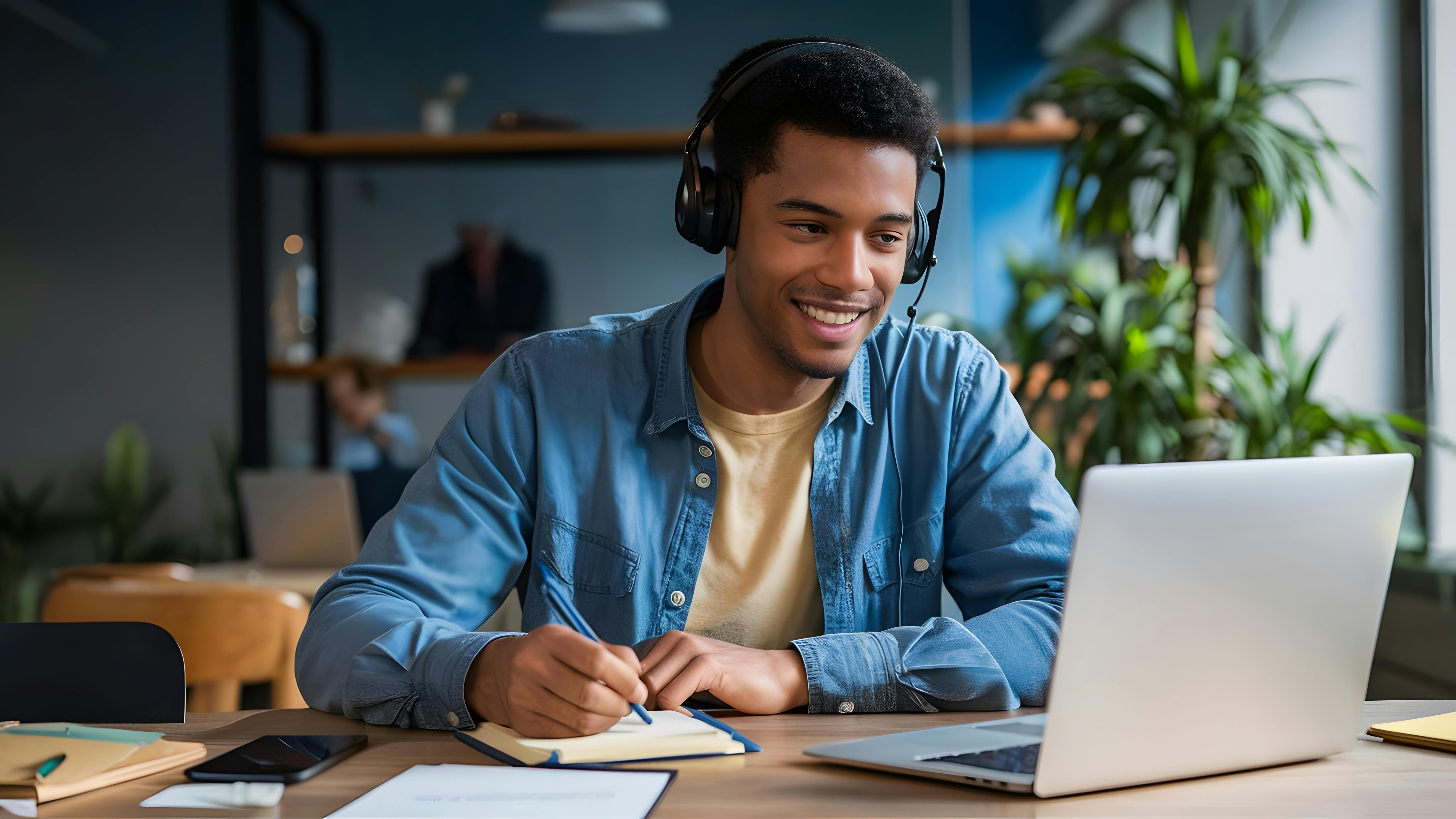 Homem com fone de ouvido olhando para a tela de um notebook.