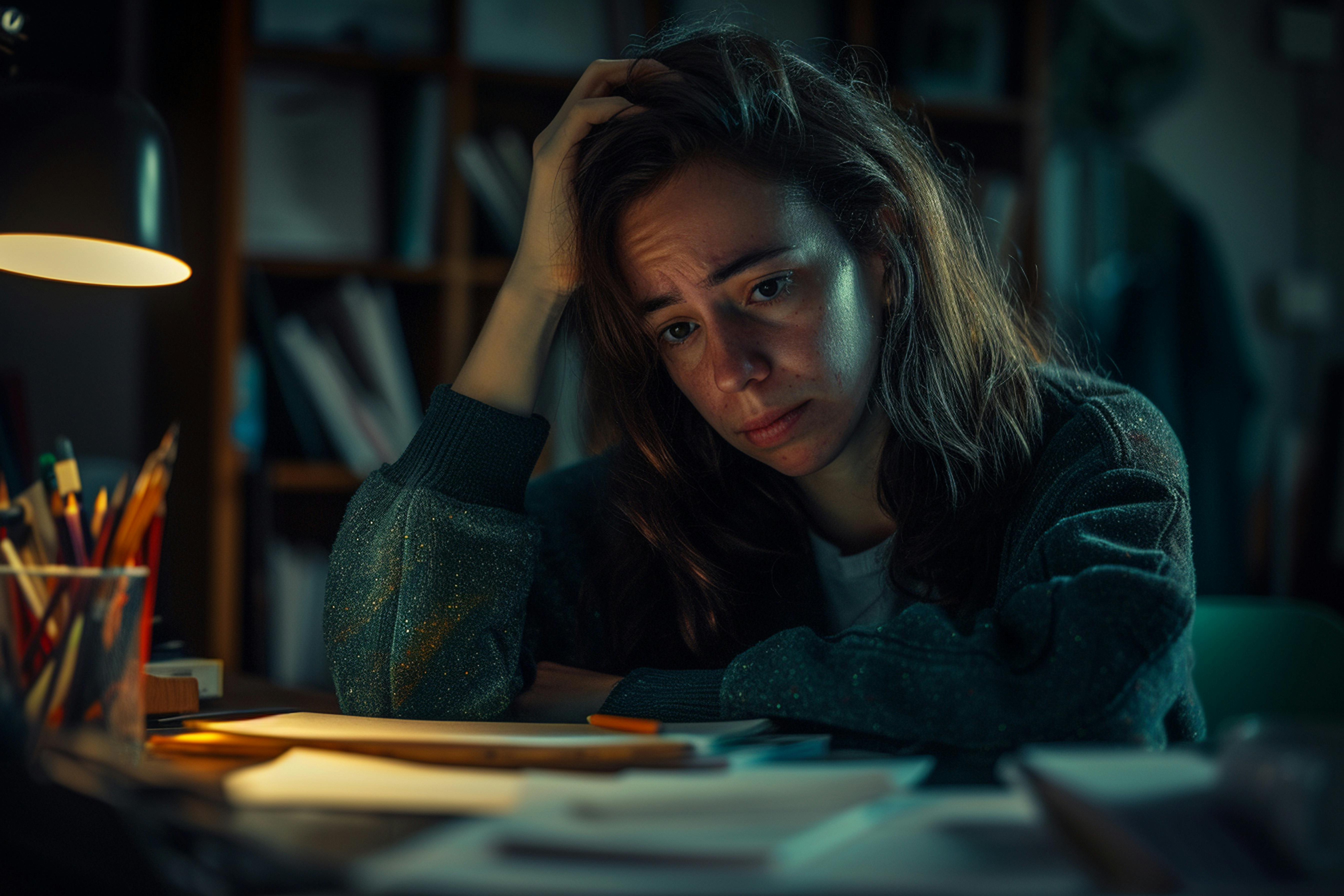 Mulher sentada e com expressão de desânimo.