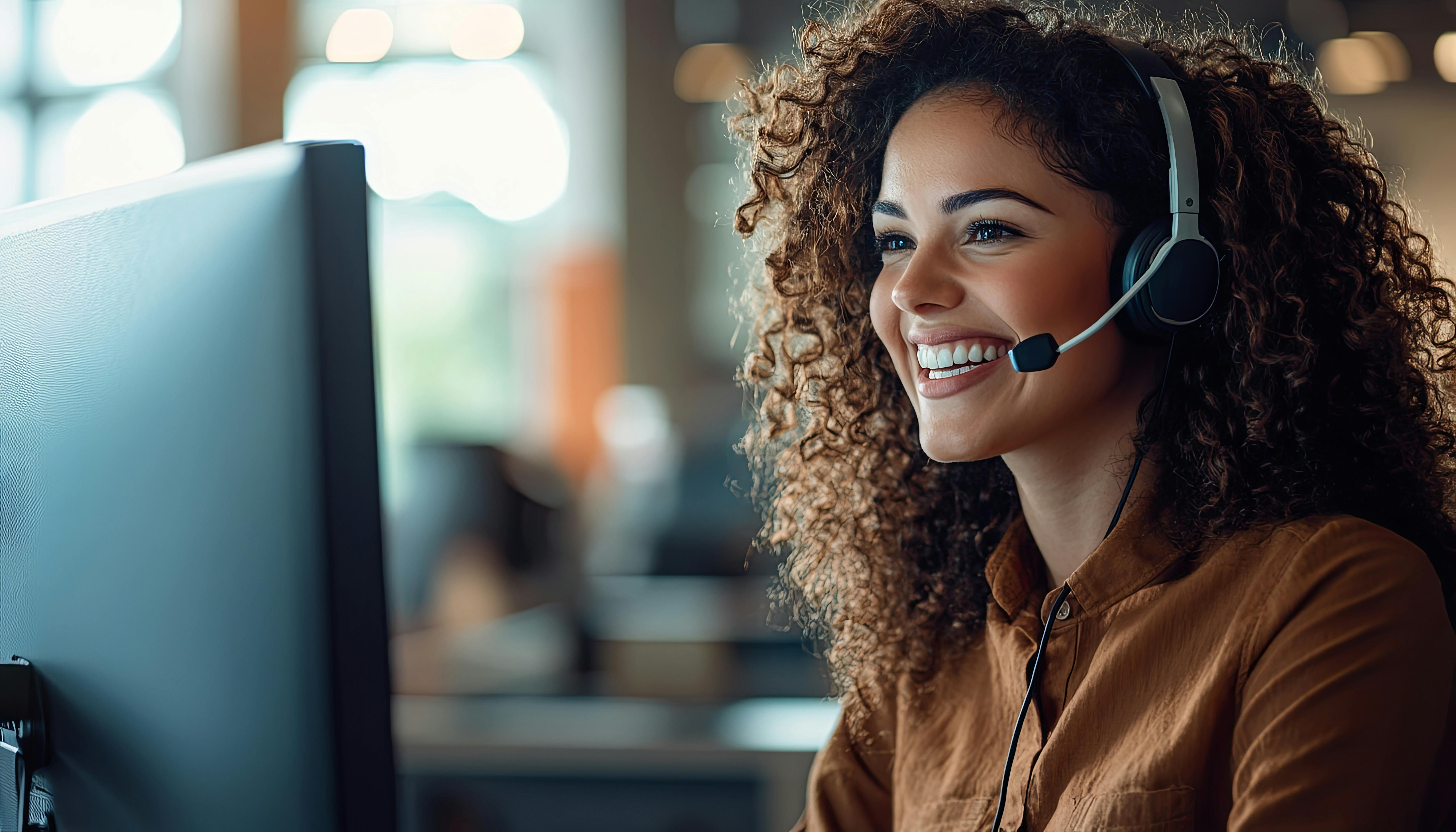 Mulher com um fone de ouvido com microfone sorrindo e olhando para a tela de um computador.