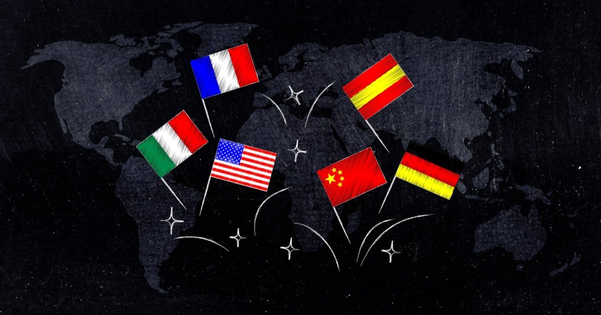 Desenho do mapa-mundi com as bandieras da Itália, França, EUA, China, Espanha e Alemanha.