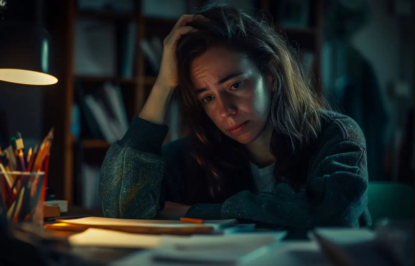 Mulher jovem com expressão preocupada apoiando a mão na cabeça, em uma mesa de escritório, sob luz baixa e ambiente escuro, com livros e papéis ao fundo.