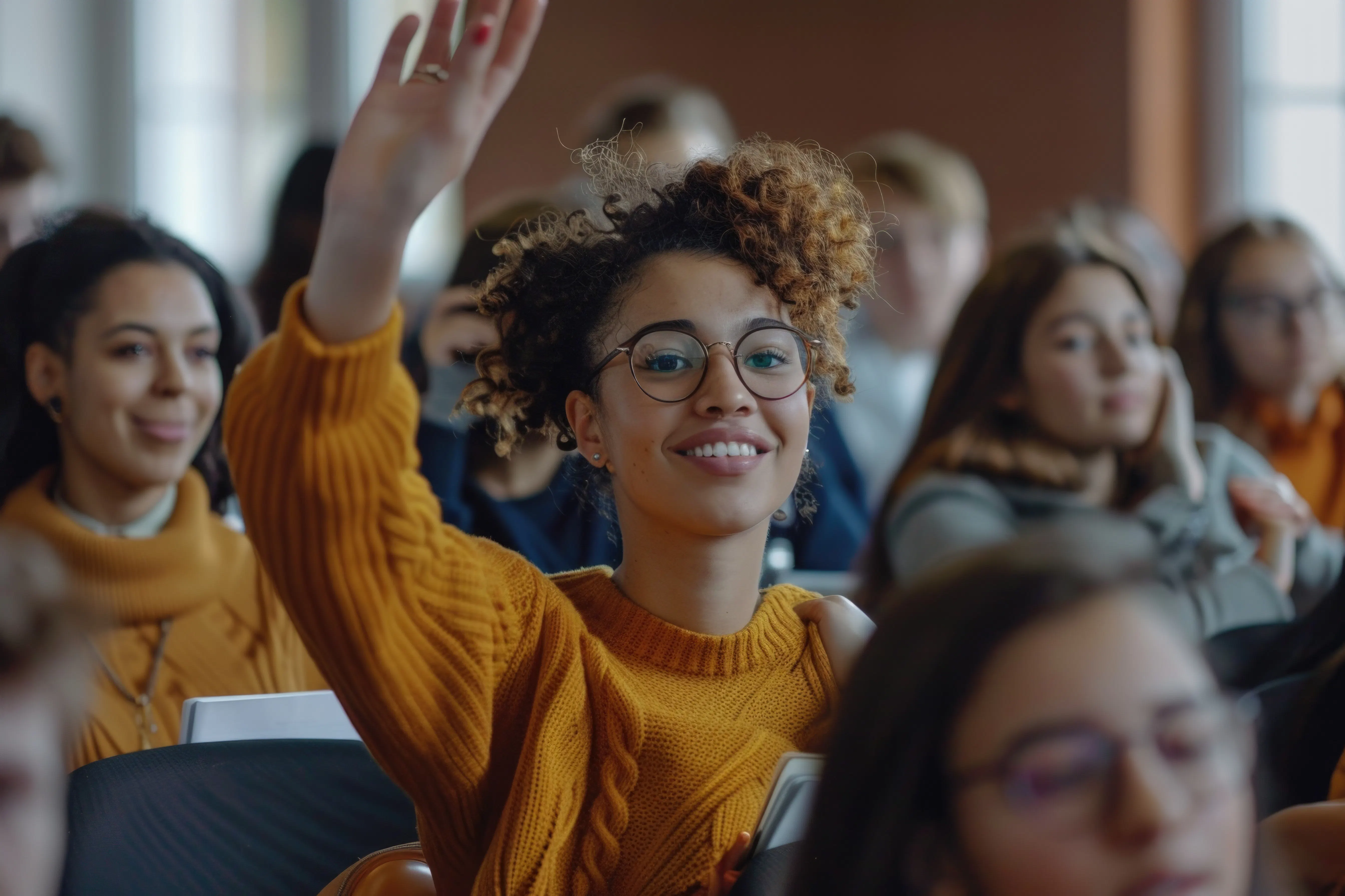 mulher jovem em sala de aula, com a mão levanta questionando
